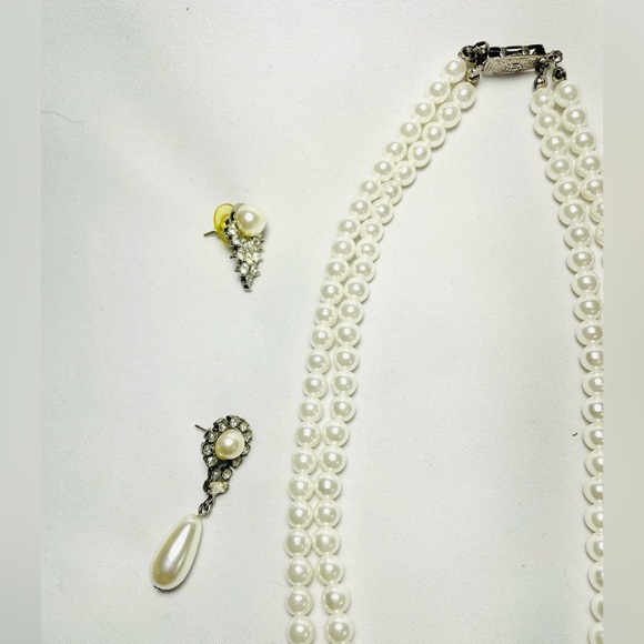 Double String Pearl Necklace and Earrings set - Picture 8 of 15